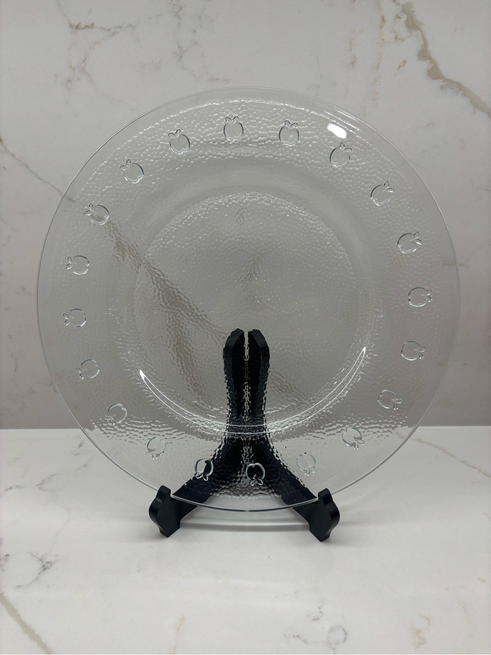 Vintage Clear Pebbled Glass Serving Platter with Distinctive Raised Apples